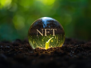 Digital seed of nft growth emerging from earth in a crystal sphere