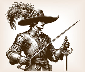 Obraz premium musketeer in armor holding a sword, wearing a feathered hat and mustache in classic style sketch engraving generative ai fictional character vector illustration. Scratch board. Black and white image.