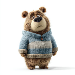 Cute bear wearing cozy sweater stands upright, showcasing its fluffy fur and expressive face. bear gentle demeanor evokes warmth and friendliness, making it endearing character