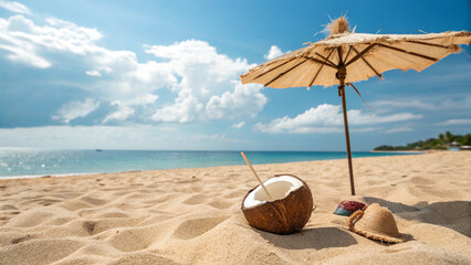 Tropical Beach Scene With Coconut Drink In Coconut Shell And Small Umbrella 