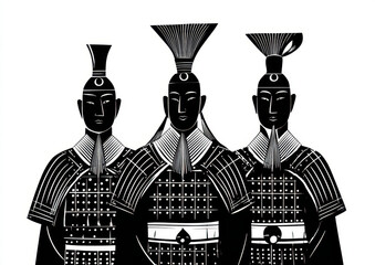 Ancient Chinese soldiers in armor stand together, showcasing their unique hairstyles and intricate armor designs. image captures sense of strength and unity among these historical figures