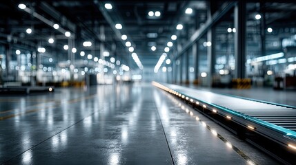 Industrial Factory Interior with Shiny Floor and Robotic Conveyor Belt at Twilight