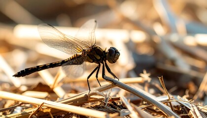 Dragonfly resting on straw