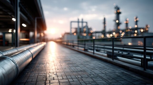 Industrial Gas Pipes At Sunset with Blurred Background Refinery and Steel Structure Under Dramatic Sky