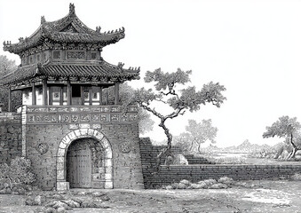 Ancient Chinese city gate illustration features intricate architecture, surrounded by nature, showcasing traditional design elements and serene landscape