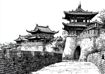 Ancient city gate illustration showcases traditional architecture with intricate details, surrounded by stone walls and serene pathway, evoking sense of history and culture