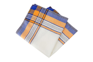 A single, neatly folded handkerchief with a multi-colored plaid pattern on a clean white background.	
