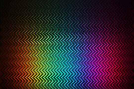 Abstract rainbow chevron pattern with a dark background, geometric zigzag lines, vibrant colors