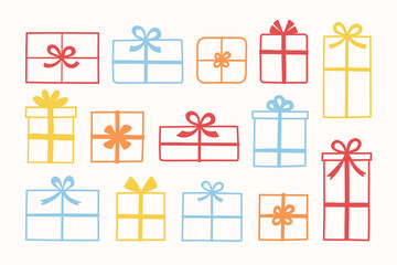 Cute hand drawn present with bow. Christmas element set. Vector illustration