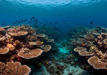 Fototapeta premium A vibrant underwater scene featuring coral reefs and schools of colorful fish in clear blue water
