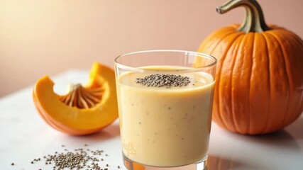 Pumpkin smoothie in glass with chia seeds and fresh pumpkin slices on marble table, healthy autumn drink concept - Powered by Adobe