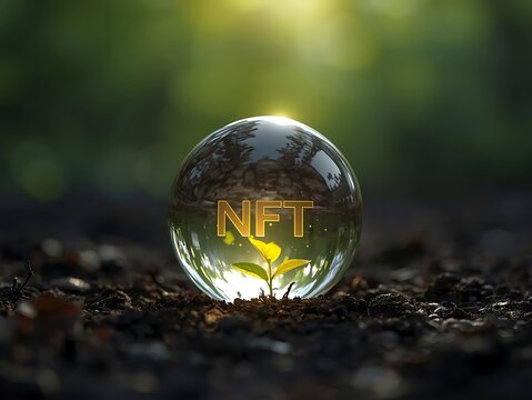 Glowing nft sphere reflecting nature and light on a forest floor