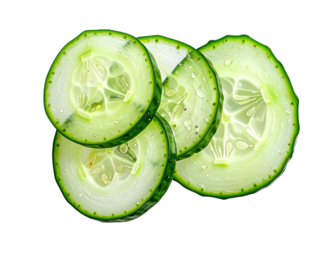 Close-up of several fresh cucumber slices, vibrant green rind and pale green flesh