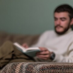 young man reading on a sofa at home