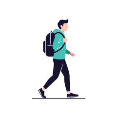 Fototapeta premium Side view of a young man walking with a backpack on a white background in a minimalist style with a casual and relaxed mood.