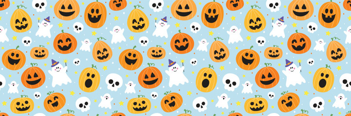 Cute Halloween background with hand drawn pumpkins, ghosts and skulls. Seamless pattern. Banner. Vector illustration