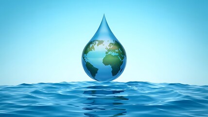 Earth globe inside a water drop falling into wavy ocean water