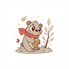 Cute bear in a red scarf holding a honey pot surrounded by autumn leaves