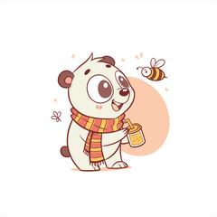 Cute cartoon polar bear wearing a scarf and drinking juice with a bee
