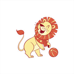 Cute cartoon lion playing with a ball wearing a scarf