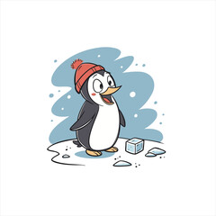 Cute cartoon penguin wearing a red hat standing on ice with ice cubes