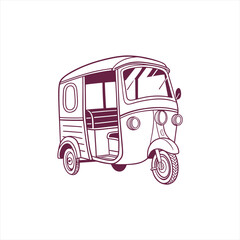 Hand drawn illustration of a three wheeled auto rickshaw vehicle