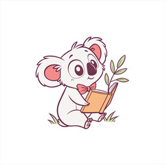 Cute cartoon koala wearing a bow tie reading a book