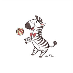 Happy cartoon zebra playing with a ball and wearing a bow tie