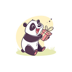 Happy cartoon panda holding a gift box with a bow
