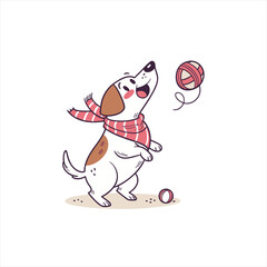 Cute cartoon dog wearing a scarf playing with a ball of yarn