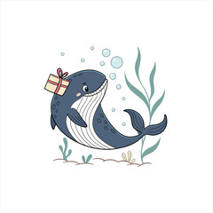 Cute cartoon whale with a gift on its head underwater with bubbles and seaweed