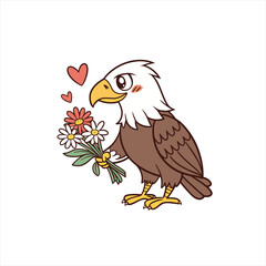 Cute cartoon bald eagle holding a bouquet of flowers and hearts