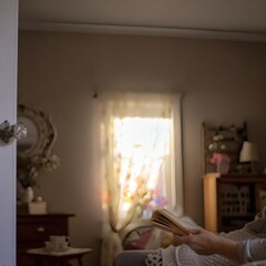 cozy sunlit living room pov &mdash; hands holding a book, face not visible