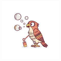Cute cartoon hawk blowing bubbles with a bubble wand