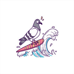 Funny cartoon pigeon surfing on a surfboard on a wave