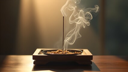 A single incense stick burns steadily in a shallow, rectangular wooden holder filled with ash. Delicate, swirling smoke rises gracefully from the tip