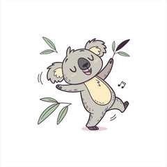 Cute cartoon koala dancing happily with eucalyptus leaves and music notes