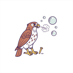 Cute cartoon hawk blowing bubbles and holding a nail