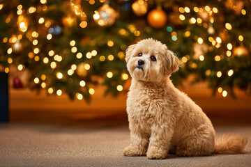 Cute maltipoo dog sitting next to a decorated Christmas tree with glowing lights and ornaments, cozy festive atmosphere, warm lighting