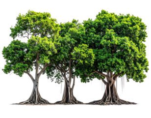 Lush, vibrant green trees with extensive root systems against a dark background