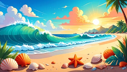 Tropical beach sunset scene