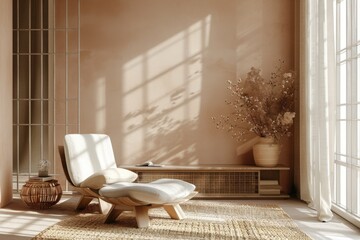 Home interior mockup, living room in pastel colors with wooden furniture, 3d render