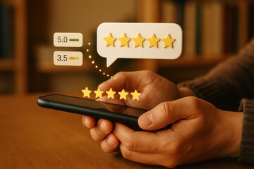 Hands using smartphone to rate service with five stars and review score comparison overlay
