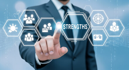 Business analysis and identifying strengths with a digital interface highlighting success icons