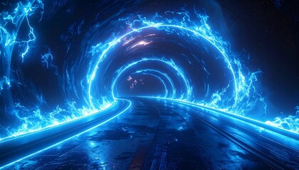 Futuristic tunnel with glowing rings