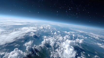 Scenic Earth Planet View from Space with Cloudy Atmosphere and Starry Sky