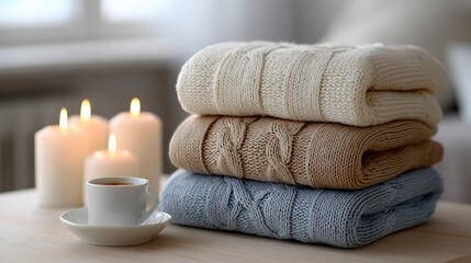 A warm beverage rests in a knitted cup, with soft glowing lights adding a serene ambiance to the inviting kitchen atmosphere