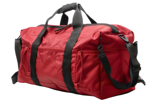 Red Duffel Bag Photography Sport Travel Gym Weekend Getaway Carry On Luggage Essential Isolated on