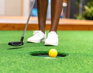 Person aiming a golf putter at a yellow golf ball in a miniature golf hole