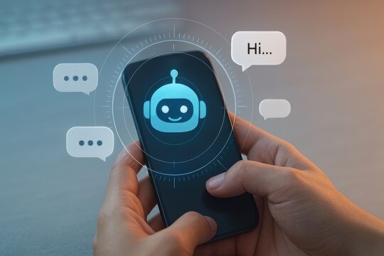 Chatbot interface with holographic robot icon and speech bubbles hovering above smartphone
